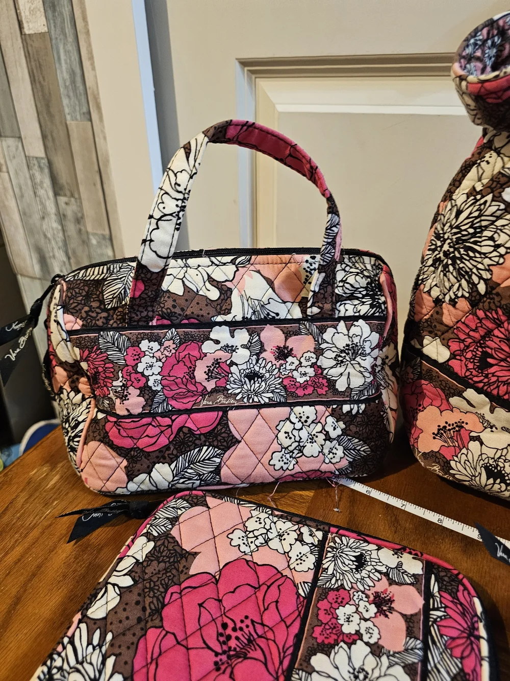 Vera Bradley Pink Black Floral Quilted Cosmetic Tote